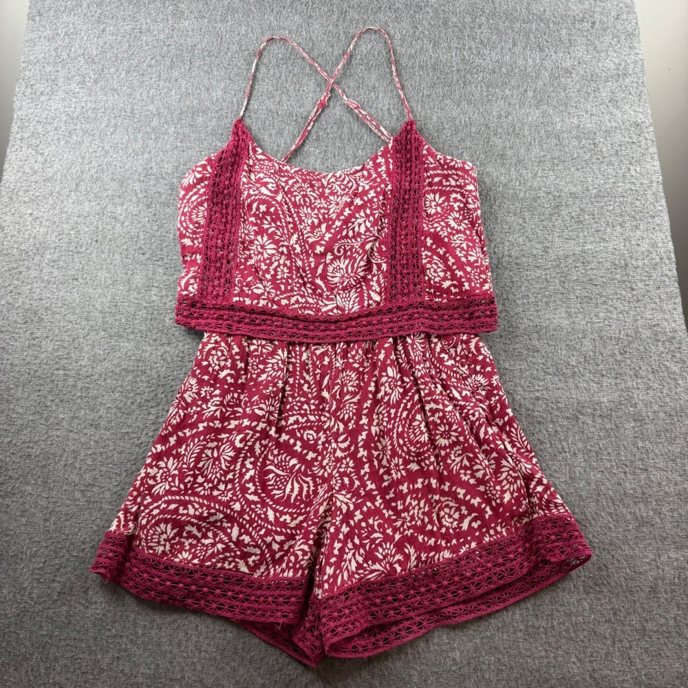 Abercrombie & Fitch Romper Women's XS Red Paisley Crochet Lace Boho Pockets